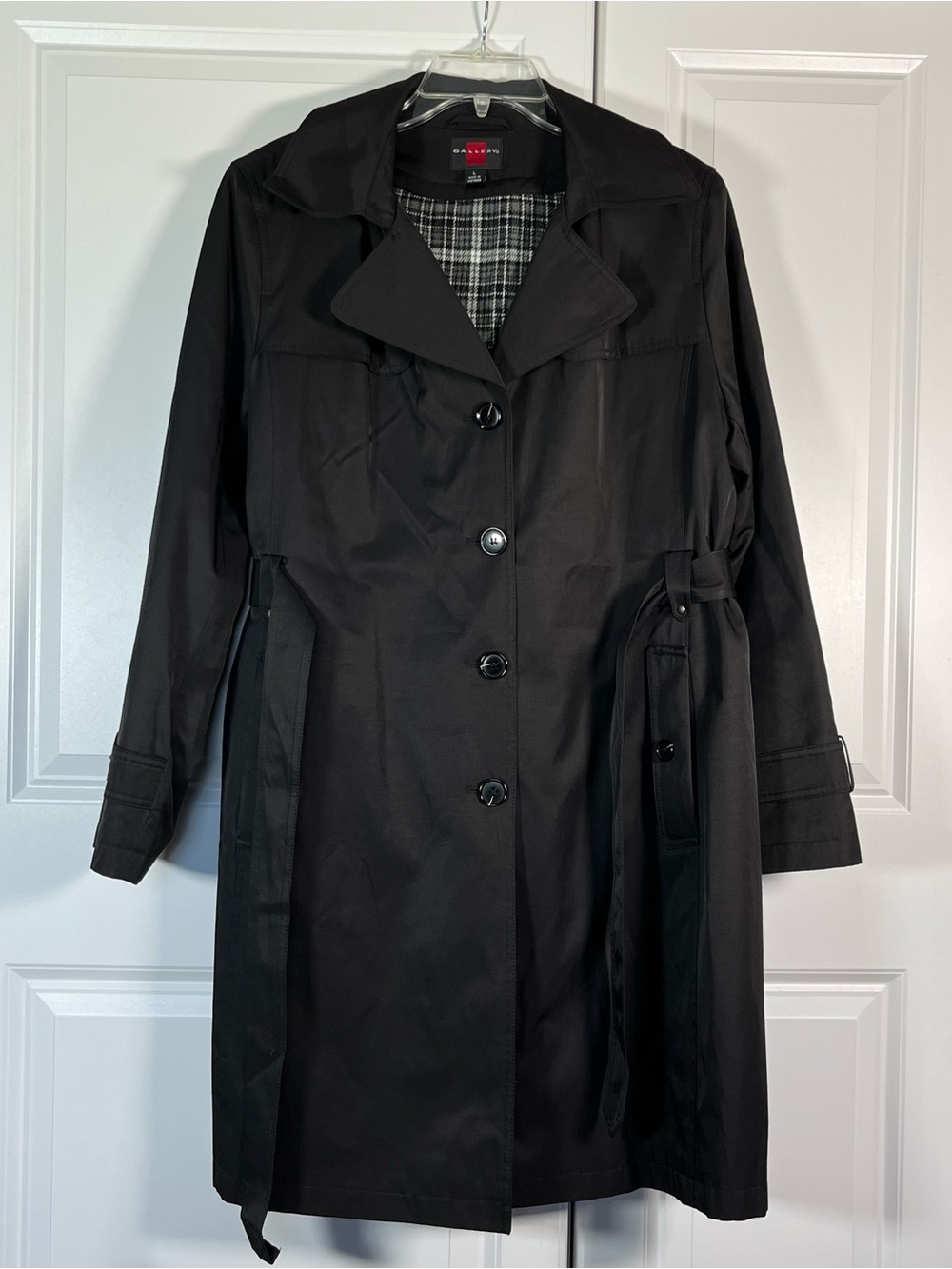 Gallery Trench Coat Size L Black Hooded Belted Removable Hood & Lining - Picture 5 of 13